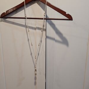 Long Pearl Y-Necklace with Gold Accents - Cream